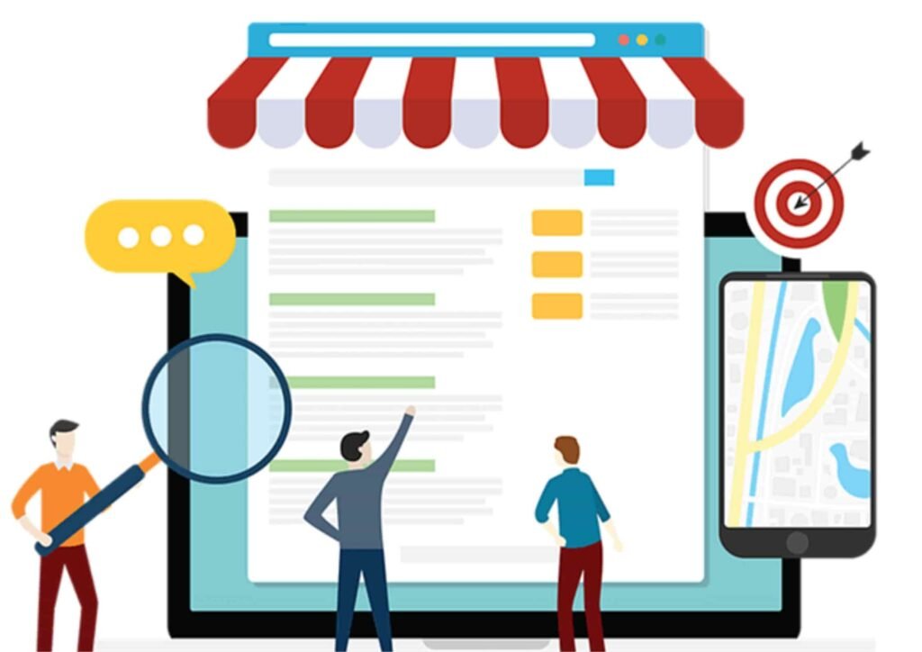 group of people working on the business and image shows they are working on their online presense like location and SEo