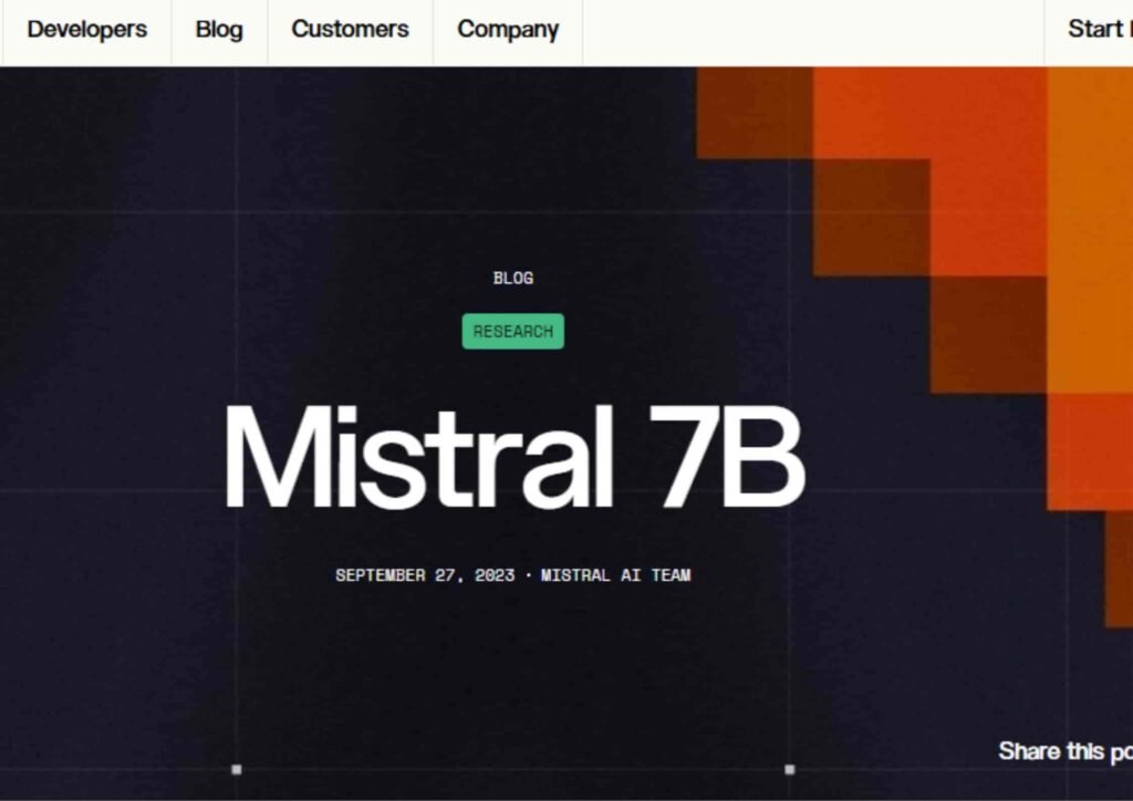 Screenshot of a Mistral AI blog post banner. The text reads "Mistral 7B" in large white font against a dark grid background, with a green "RESEARCH" tag above it. The publication date reads September 27, 2023, by the Mistral AI Team, with orange geometric accents on the top right.