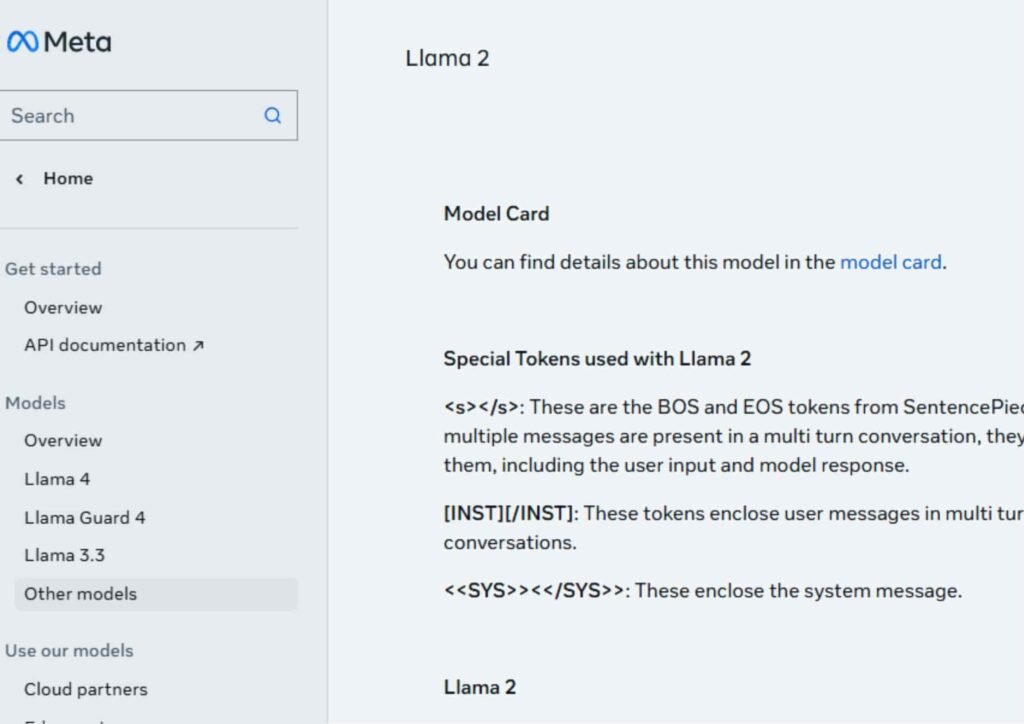 creenshot of Meta’s documentation webpage for the Llama 2 model card, detailing special tokens like INST and SYS, serving as an example of the best models for Janitor AI.