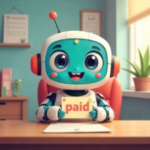 image of a chatbot sitting in office on red chair holding play card and text in a play card is paid 