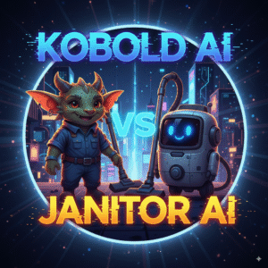 image features a dynamic and futuristic scene with "KOBOLD AI" in glowing blue text at the top and "JANITOR AI" in glowing orange text at the bottom. A bright, circular neon border frames the central figures: a friendly, green, dragon-like creature in a blue uniform on the left, and a cheerful, boxy robot with a vacuum cleaner attachment on the right. Between them, a glowing "VS" symbol suggests a playful rivalry. The background is a blurred, neon-lit cityscape.