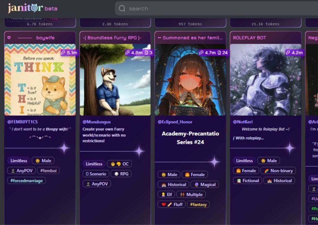 Screenshot of the Janitor AI beta platform showing a dark-themed interface with a search bar and a grid of popular AI roleplay characters. Featured cards include a boywife character, a furry RPG scenario, a fantasy academy character, and a roleplay bot, each displaying user names, tags, and interaction counts. The Janitor AI homepage highlights its extensive collection of customizable chatbots and roleplaying experiences across fantasy, historical, and fictional categories.