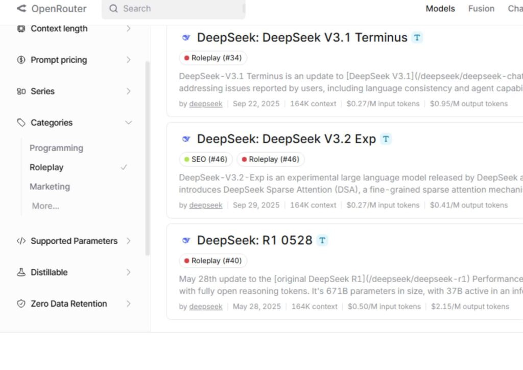 Screenshot of the OpenRouter interface displaying search results for DeepSeek models, including DeepSeek V3.1 Terminus, V3.2 Exp, and R1 0528, with details and tags for each.