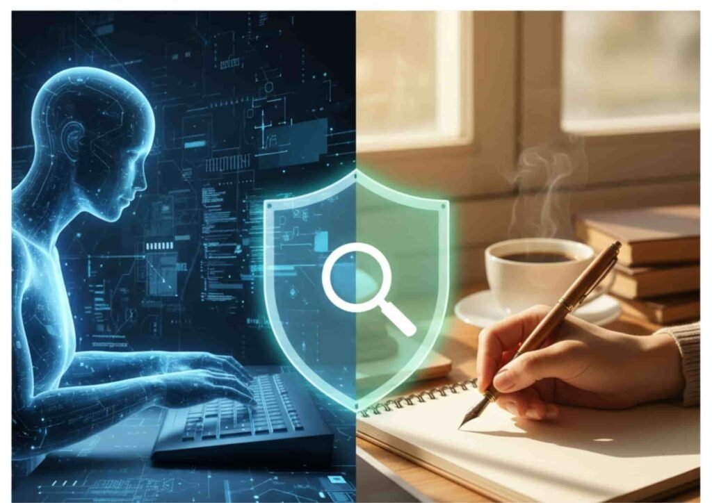 The image is a split-screen visual The left side depicts an AI-generated scene with a glowing blue humanoid figure typing on a futuristic keyboard The right side shows a human hand writing in a notebook with a pen