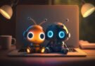 two small bots sitting on a laptop keyboard with glowing eyes to avoid ai detection