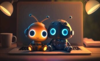 two small bots sitting on a laptop keyboard with glowing eyes to avoid ai detection