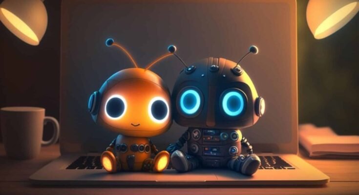 two small bots sitting on a laptop keyboard with glowing eyes to avoid ai detection