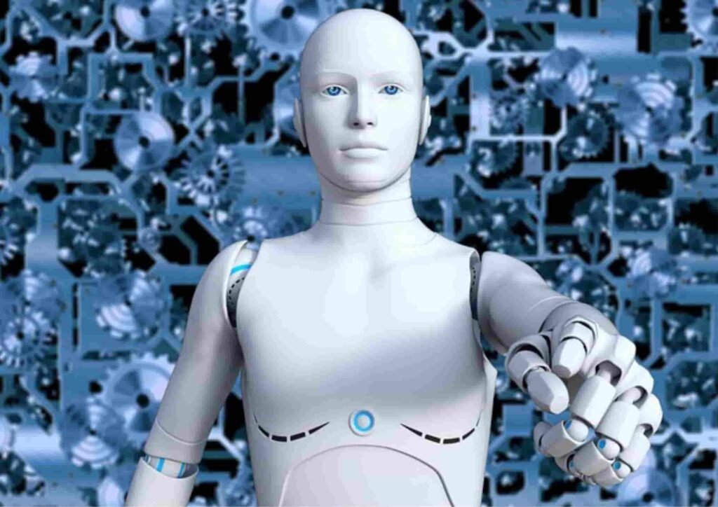 image with bluish background white humanoid robot pointing finger 