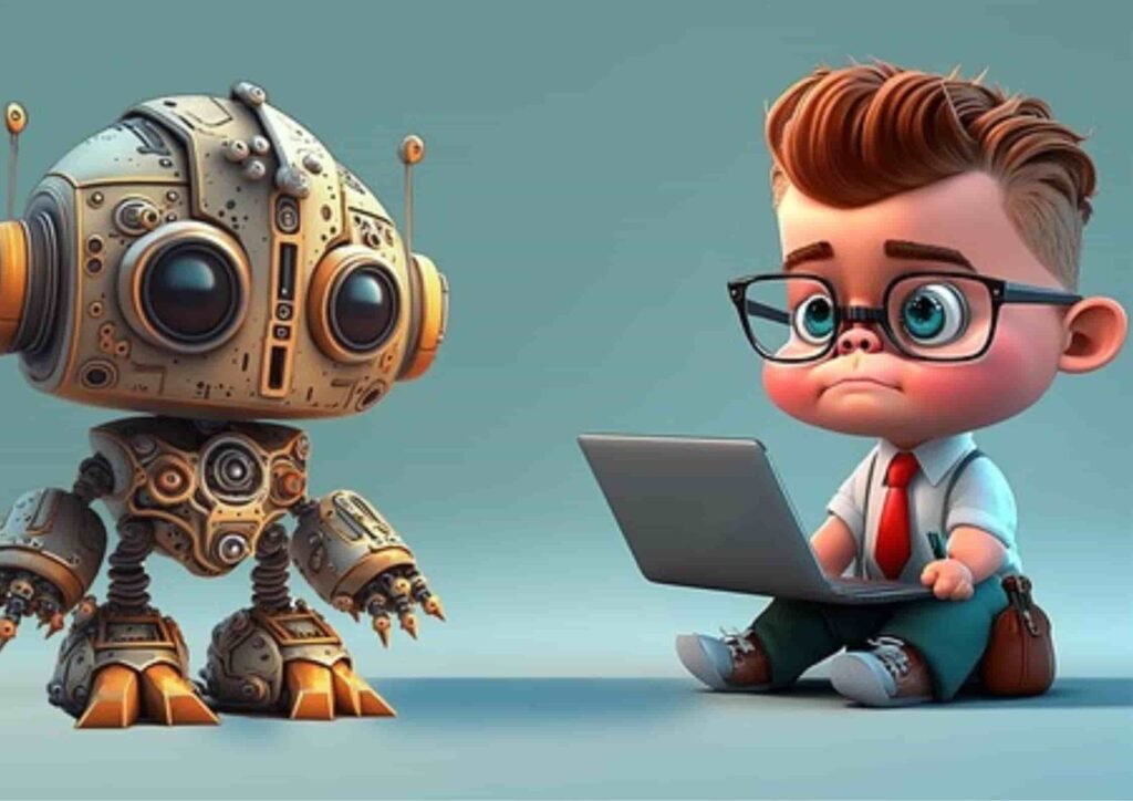 A bot and a cartoon boy with laptop sitting with blue background 
