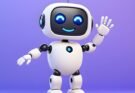 Cute white robot with blue glowing eyes and a smile, waving on a purple background. Friendly and cheerful tone, evoking a sense of warmth.