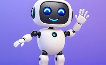 Cute white robot with blue glowing eyes and a smile, waving on a purple background. Friendly and cheerful tone, evoking a sense of warmth.