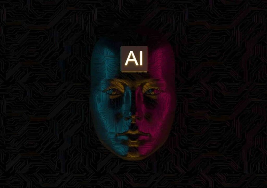 image of a face non human and on forehead AI is written