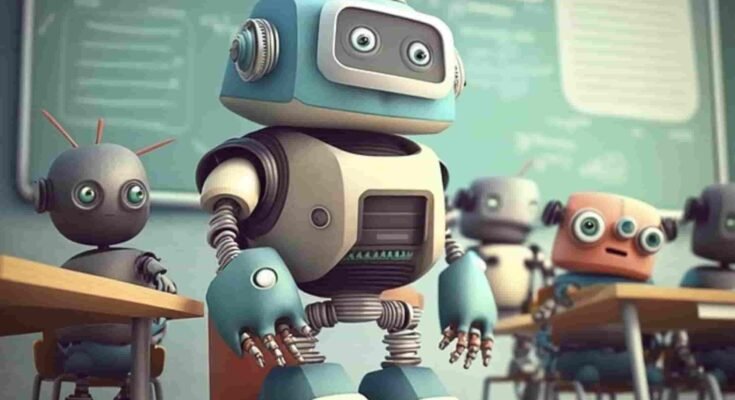 jobs that can't be replaced by Ai, in this image bots are in classroom and one robot is teaching