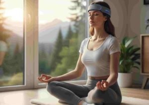 girl during meditation wearing a neurofeedback device muse.ai