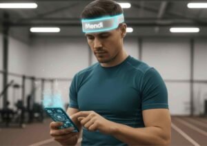 guy wearing the neurofeedback device mendi in a gym
