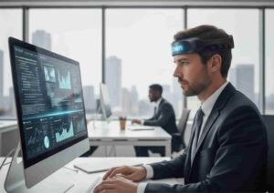 guy in office wearing neurosity crown device 