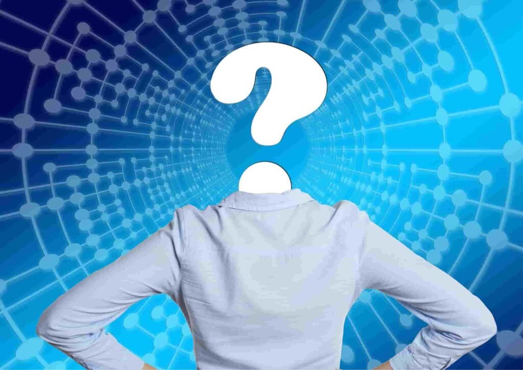 person standing in front of blue background and a question mark on the place of head
