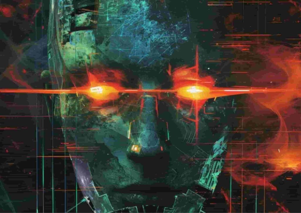 An abstract, face glowing with orange light from the eyes, capturing the essence of a final thought.