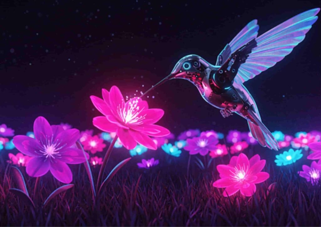 A robotic bird collecting nectar from vibrant, colorful flowers against a black background.