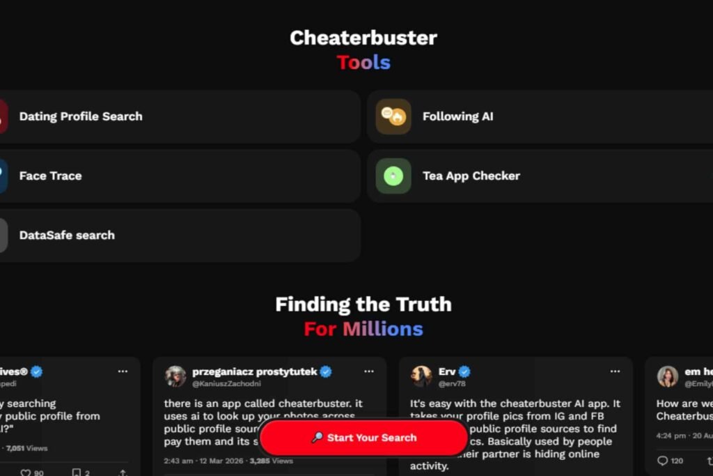 Cheater Buster AI homepage with profile search features, face tracing tools, and AI-powered online activity tracking.