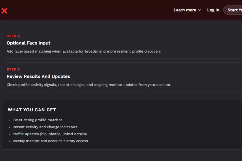 Screenshot of a dark-themed website interface showing the final steps of a search process: "Step 4: Optional Face Input" and "Step 5: Review Results And Updates," followed by a section titled "WHAT YOU CAN GET" listing exact dating profile matches and profile updates.