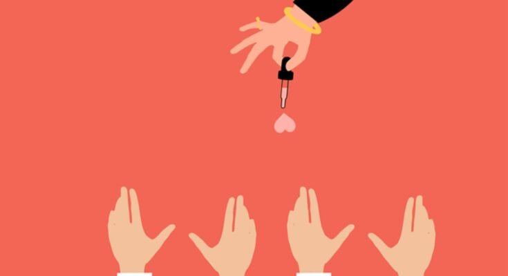 A minimalist illustration representing a Cheaterbuster AI relationship review, showing a hand with a dropper releasing a heart-shaped droplet toward multiple upraised hands.