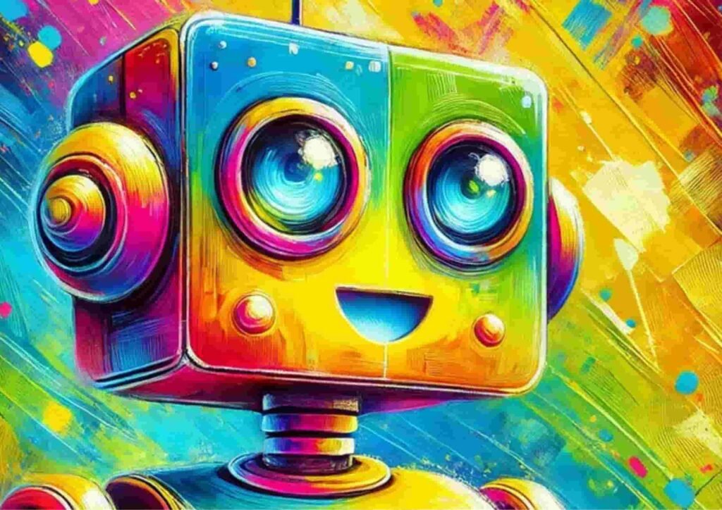 A colorful, artistic depiction of a robot with vibrant hues of red, blue, and yellow in a playful, abstract background symbolizing Replika AI