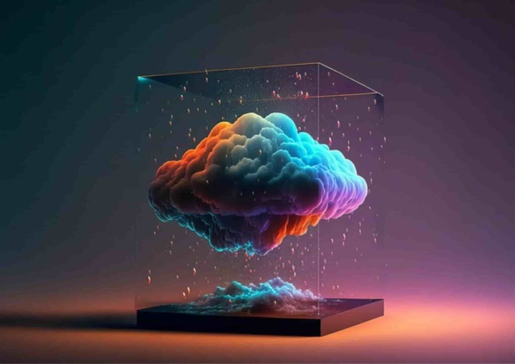 A glowing, multicolored cloud suspended inside a transparent glass cube, symbolizing AI cloud business platforms and digital innovation.