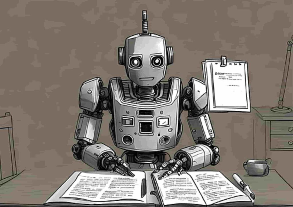 A robot reviewing paperwork, representing an AI detector evaluating student assignments.