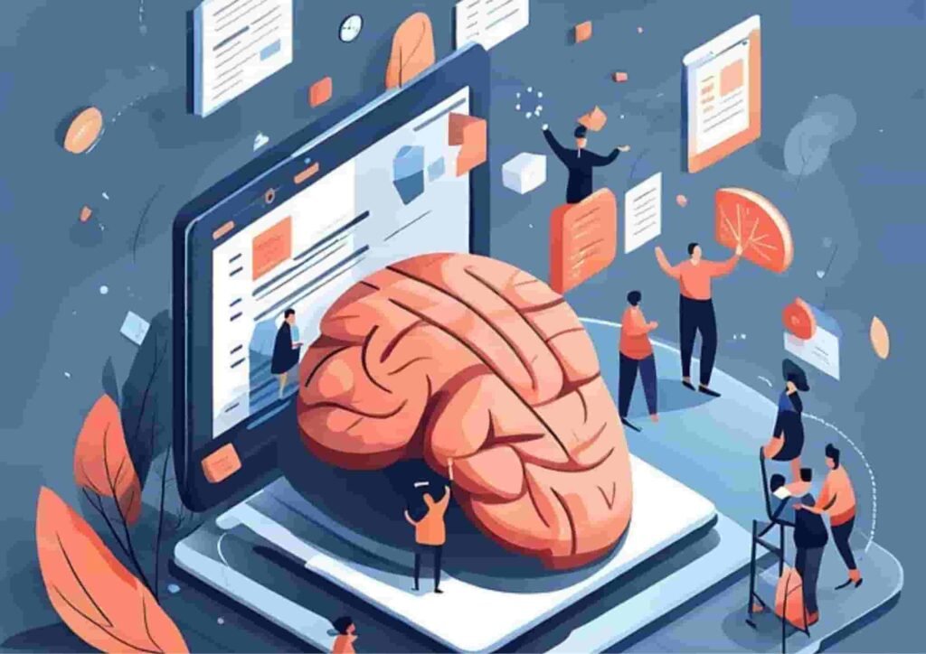 Illustration of a large brain emerging from a laptop, surrounded by figures analyzing data and collaborating in a creative workspace.