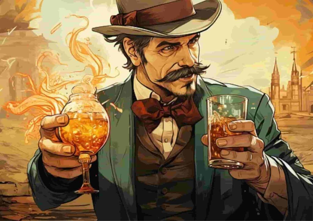 A well-dressed man holds two drinks, one in a goblet and one in a glass, surrounded by a vibrant, warm background.