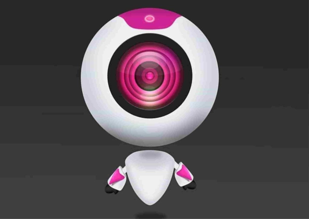 white robot with a rounded design, featuring a large pink-accented lens and small black feet, set against a dark background representing Writesonic, an AI product description generator.