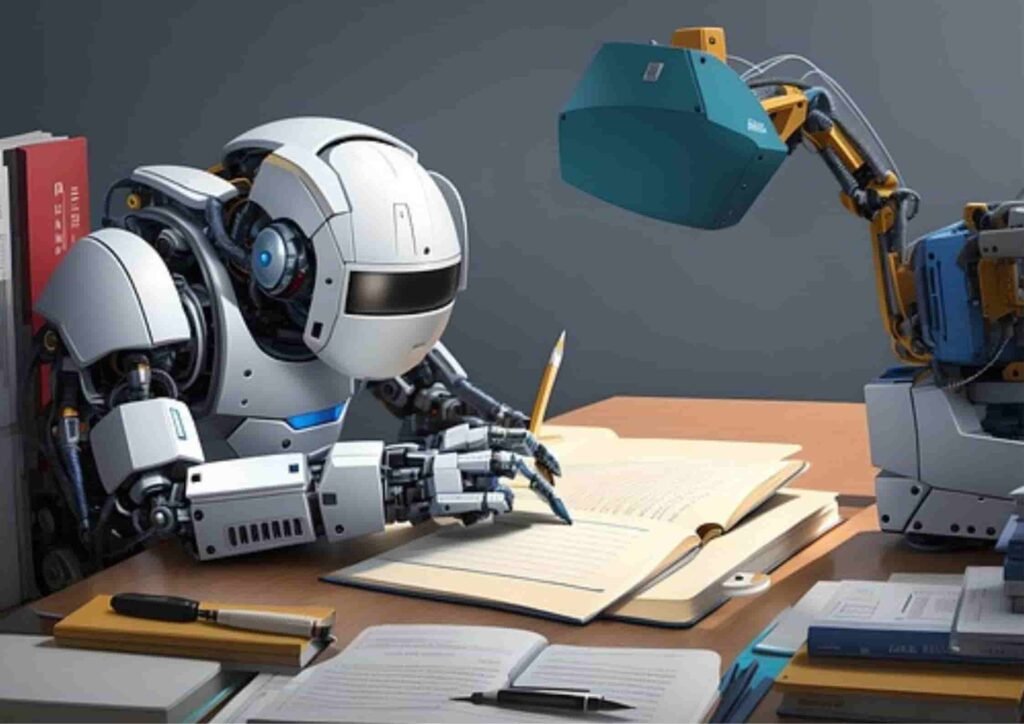 A robotic figure writes in a notebook at a desk assisted by another robotic arm resembling an AI product description generator working on a product description.