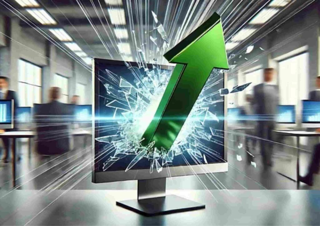 A large green upward arrow bursts through a computer monitor screen, symbolizing rapid growth and success, with blurred office workers and desks in the background — representing the power and impact of an AI product description generator.