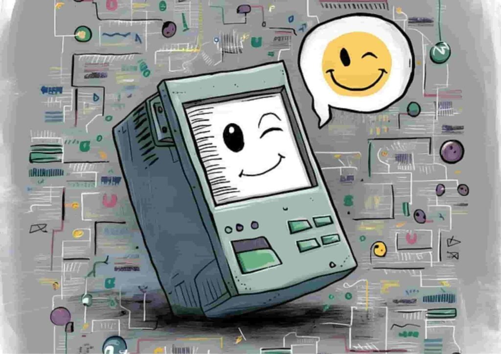 A cheerful retro computer is surrounded by vibrant digital elements, with a happy speech bubble showing a playful winking smiley face representing an AI product description generator.