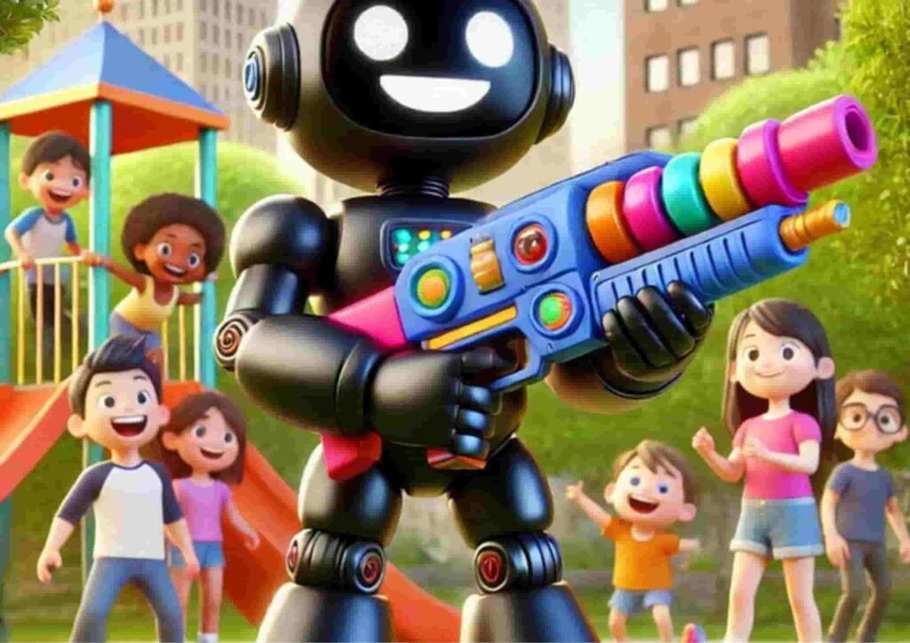 A cheerful, cartoonish robot holding a colorful squirt gun in a lively playground filled with children enjoying their day representing Character AI, a Janitor AI alternative.