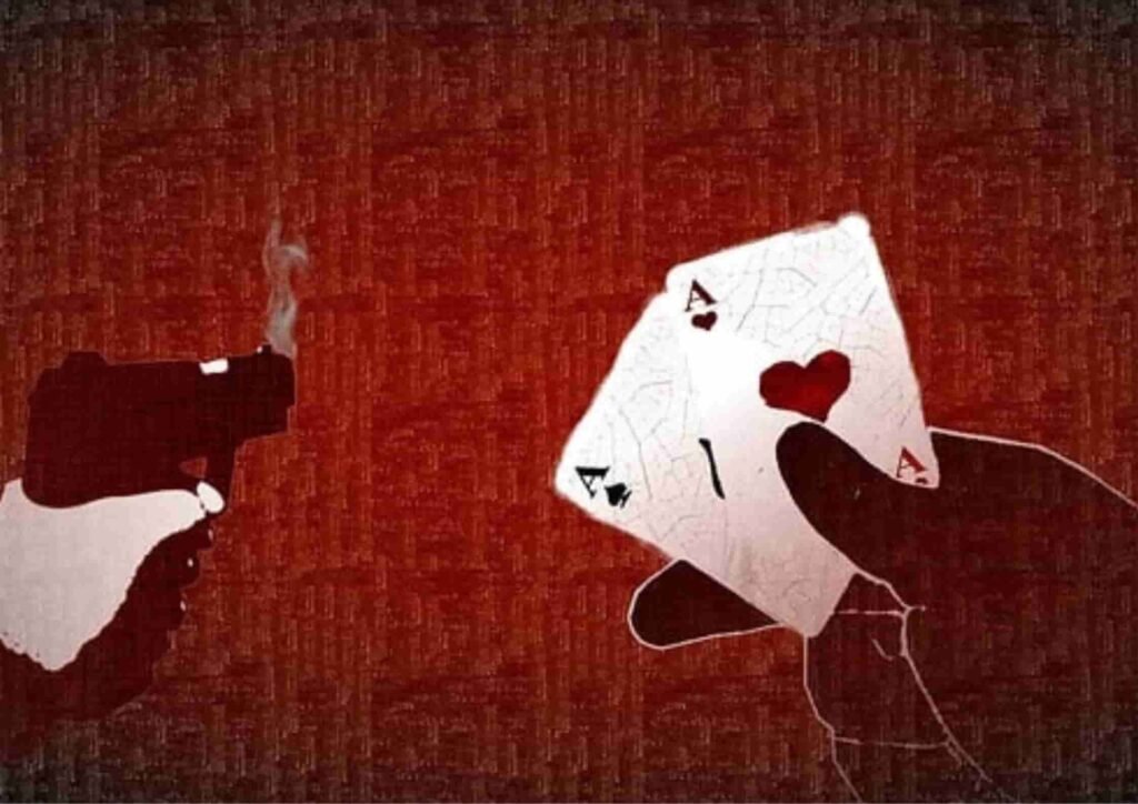 Illustration showing a hand with a smoking gun facing another holding two aces, symbolizing detection of deception similar to how CheatBuster AI works to catch cheats