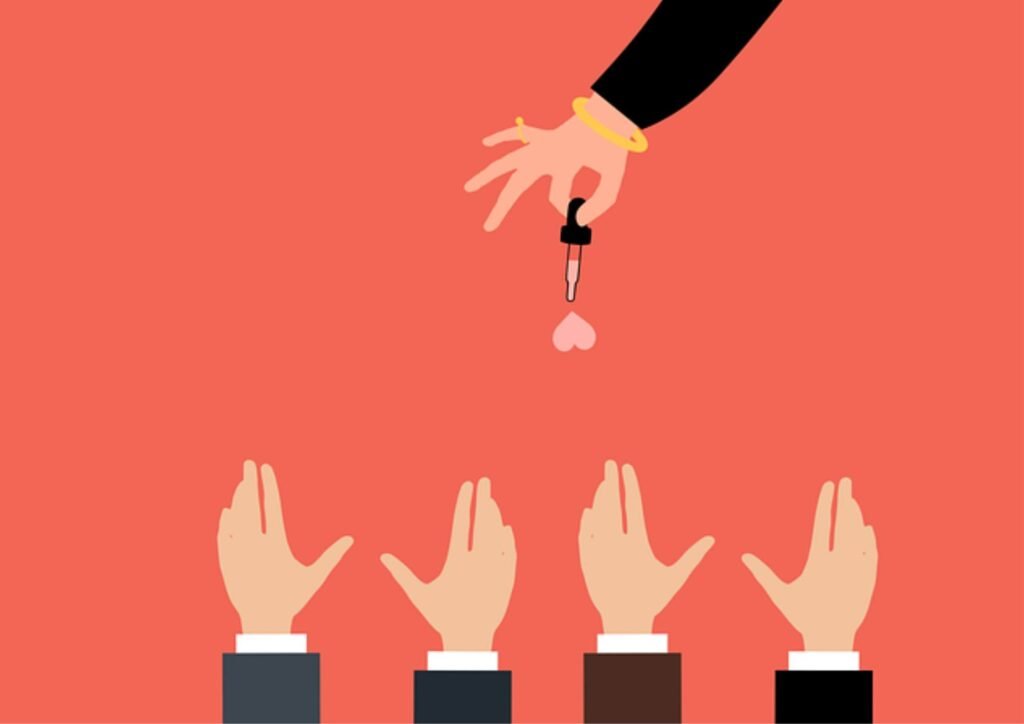 CheatBuster AI exposing relationship cheating, with a hand dropping a heart to multiple reaching hands, symbolizing infidelity.