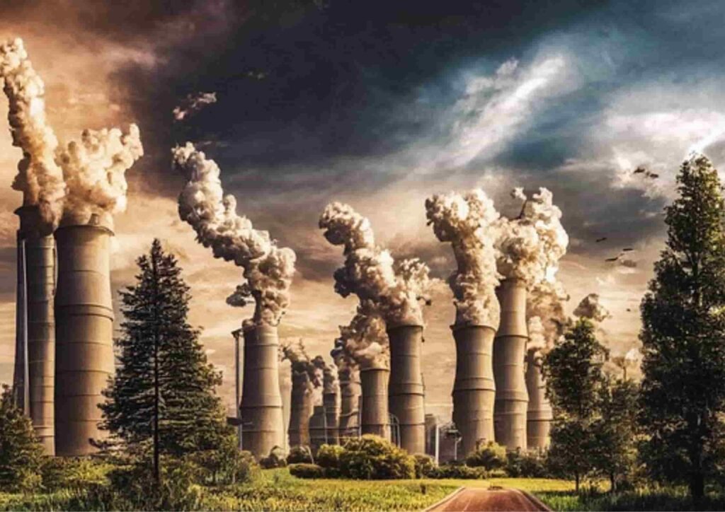 Factories emitting smoke beside lush greenery, representing concerns about how bad is AI for the environment and its increasing carbon footprint