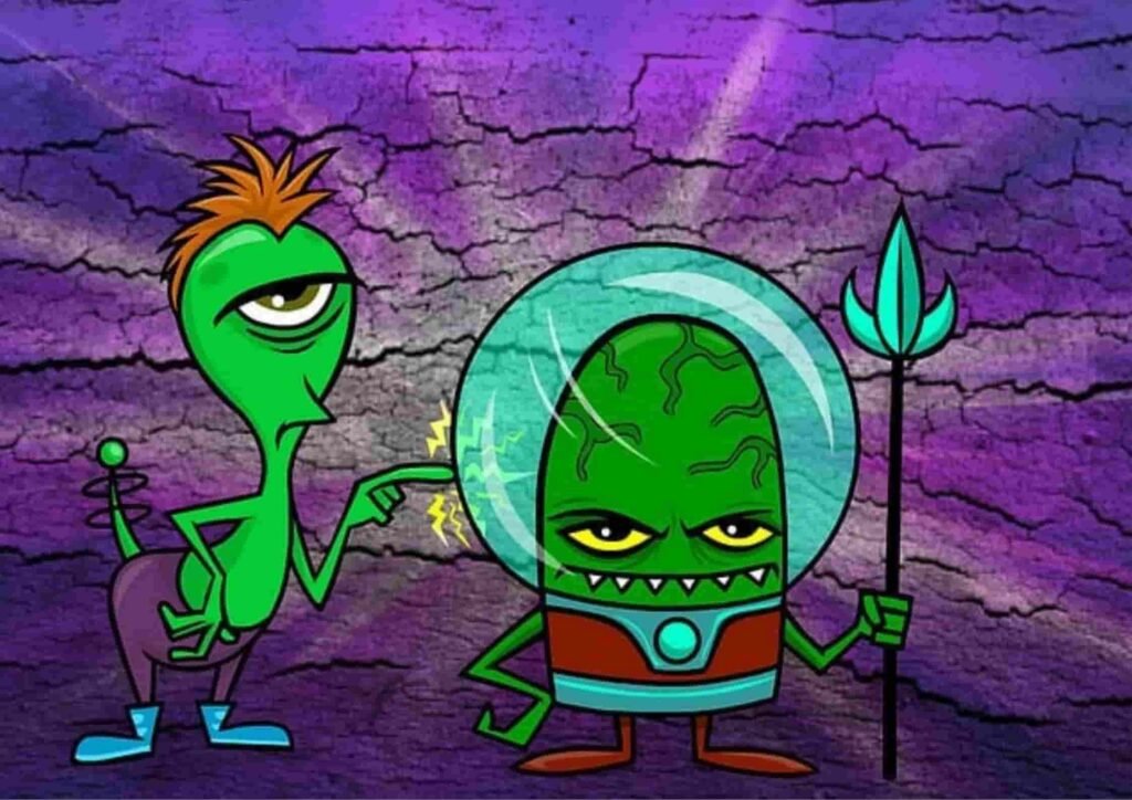 Two cartoon aliens stand against a purple cracked background one points at the other, who holds a spear and wears a helmet representing features of storytelling and image creation of Novel AI, a Janitor AI alternative