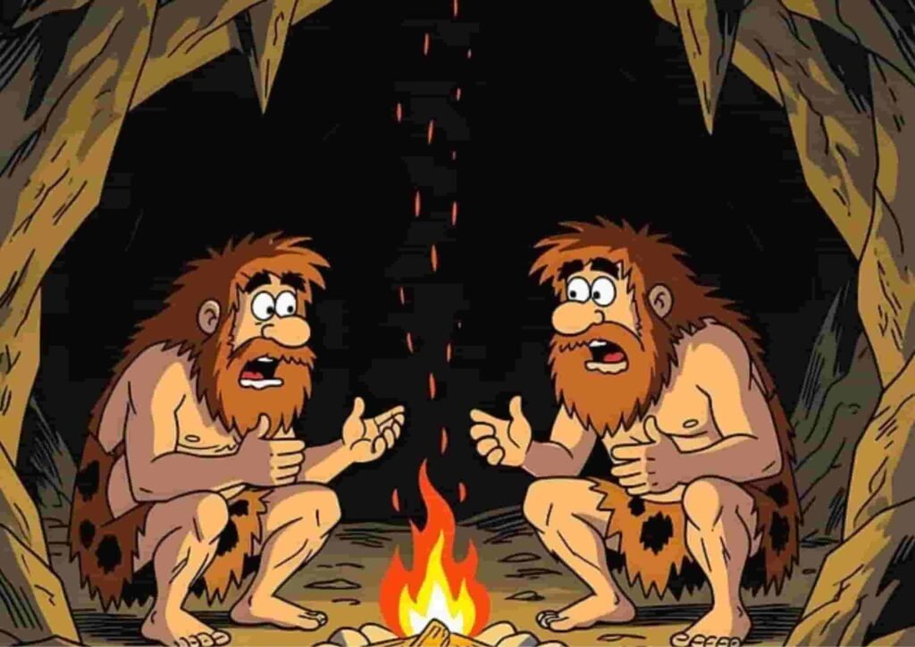 Two cartoon cavemen with bushy beards sit around a campfire inside a cave, gesturing as they reach a conclusion in their discussion