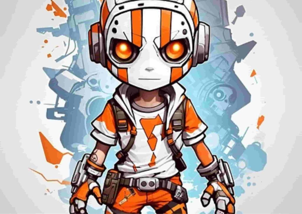 Cartoon character in an orange and white outfit with high-tech gadgets, set against a dynamic, abstract background, representing Soulkyn as a creative Janitor AI alternative.