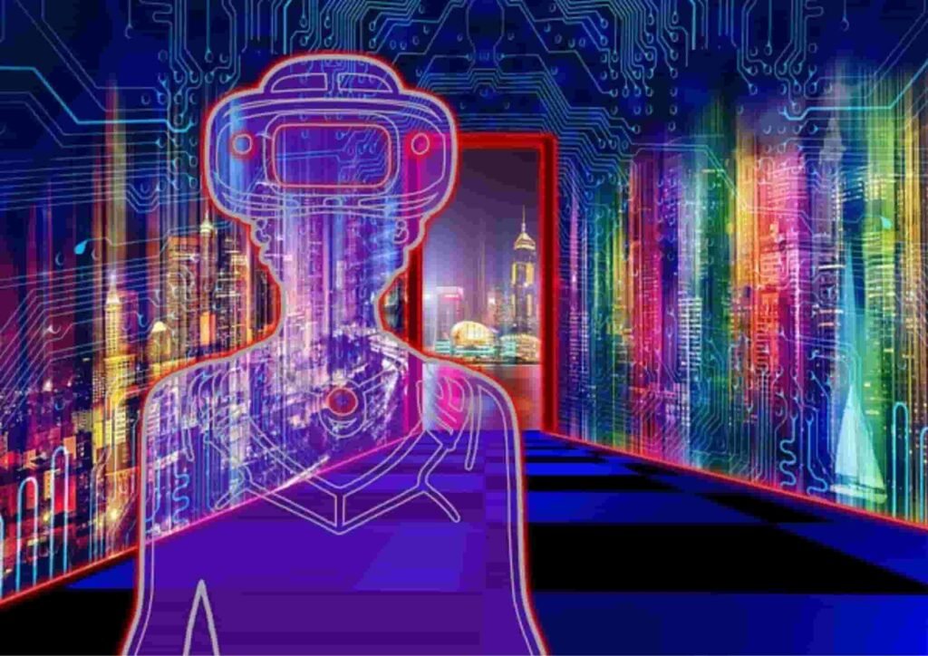 A vibrant, colorful scene featuring a person using VR technology, symbolizing Oracle NetSuite’s innovative approach to AI cloud business management and digital transformation.