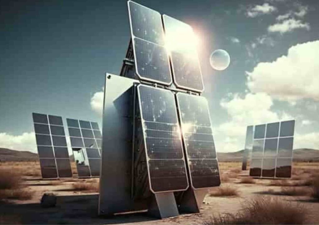 A group of solar panels gleaming under bright sunlight in a desert landscape, showcasing renewable energy technology.