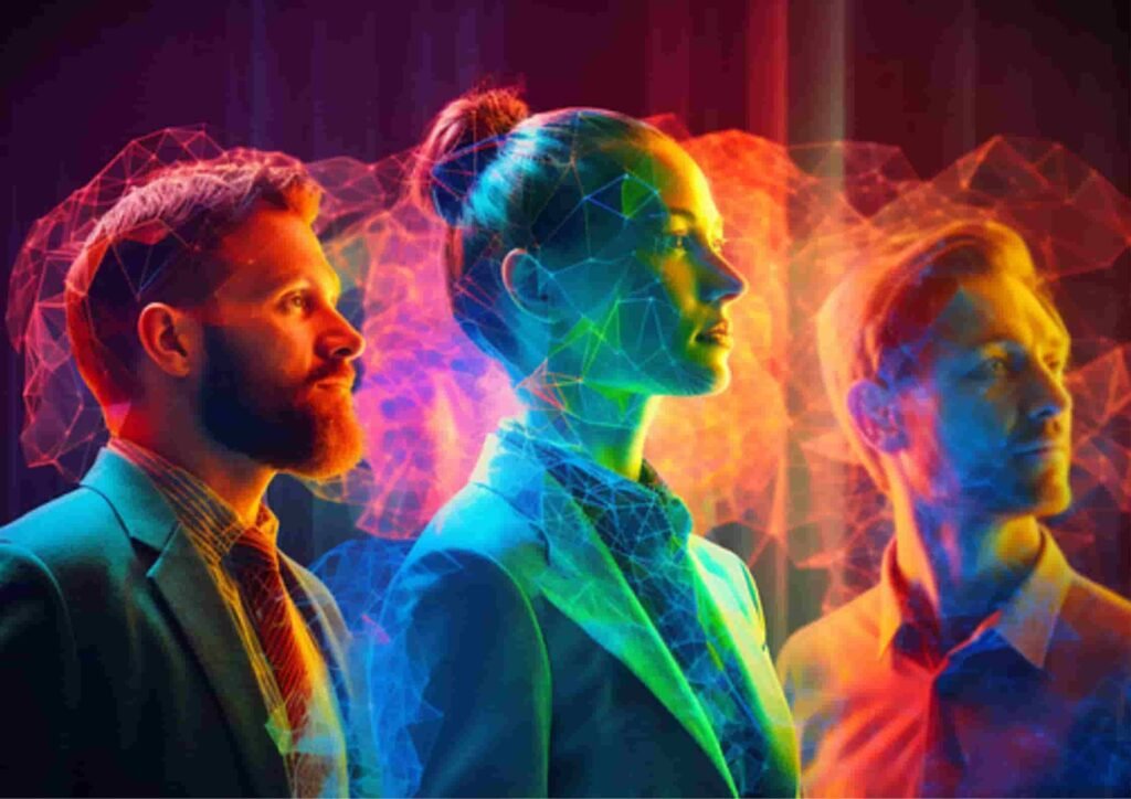 three individuals standing against a vibrant, colorful background representing creativity and innovation, symbolizing Janitor AI alternatives and AI solutions.