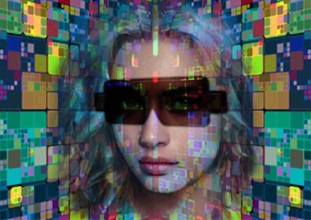 digital portrait of a woman wearing dark glasses surrounded by colorful pixelated patterns, symbolizing Zoho Corporation’s innovation and integration in modern business technology.