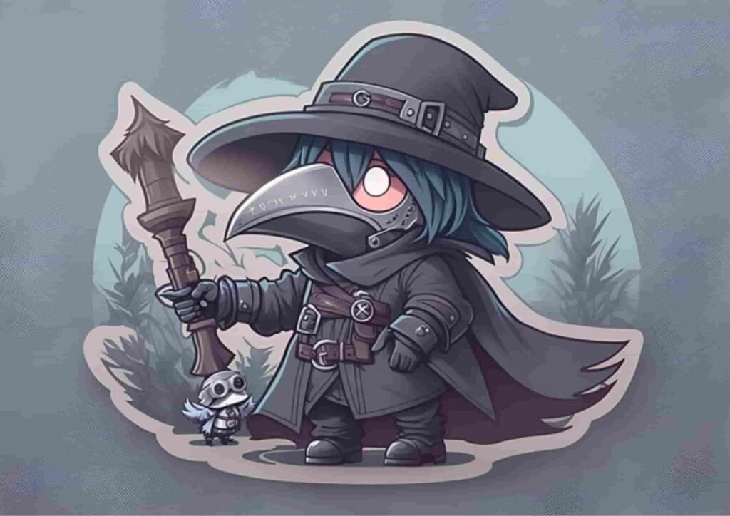 A cartoon-style figure wearing a dark cloak and a crow-shaped mask stands holding a staff beside a small, whimsical creature, illustrating concepts related to character AI alternatives and how they work.