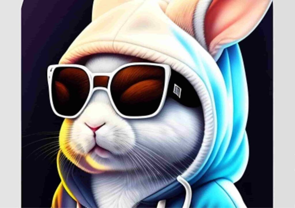 A cool rabbit wearing sunglasses and a blue hoodie, exuding a laid-back vibe against a dark background.