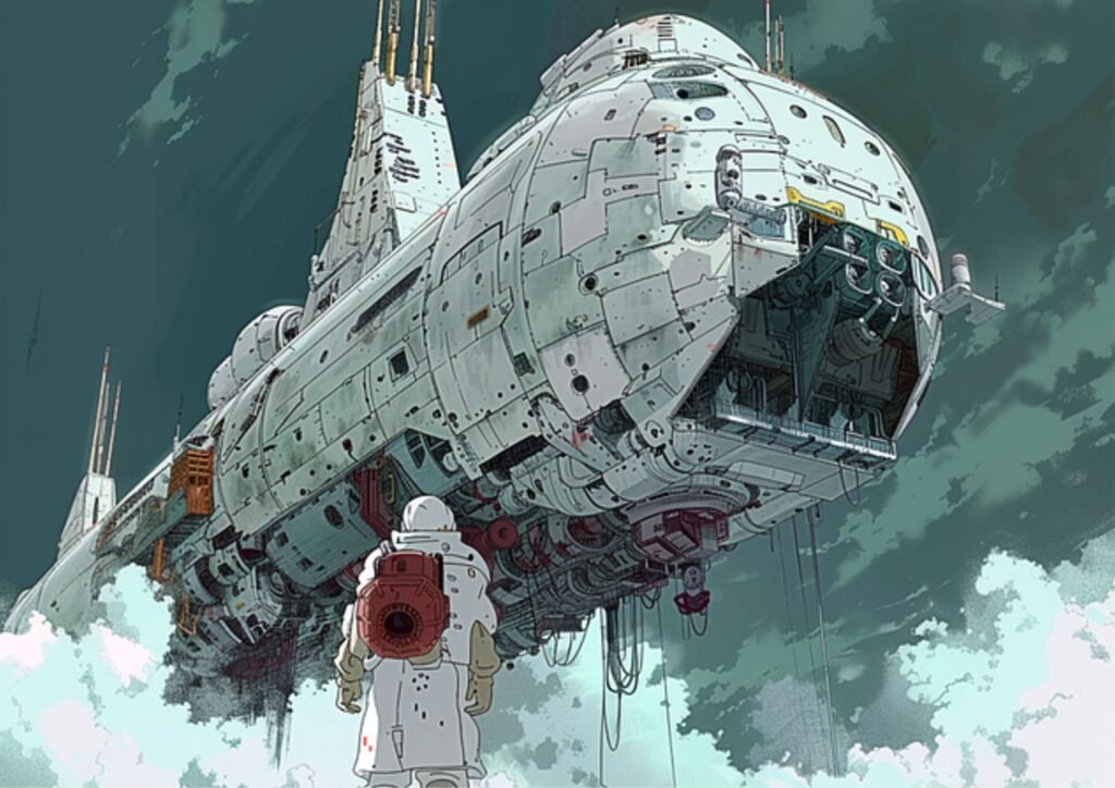 An astronaut in a white suit stands in front of a massive, intricately detailed spaceship set against a cloudy sky, representing themes connected to character AI alternatives.