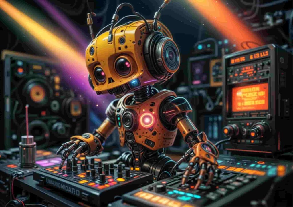 A robotic DJ with a yellow, skull-inspired head and sleek headphones mixes beats amid vibrant lights and complex sound gear — an ideal visual for AI music generators.